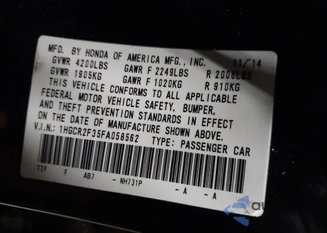 2015 Honda Accord Lx из США, поврежденный, VIN 1HGCR2F35FA058562